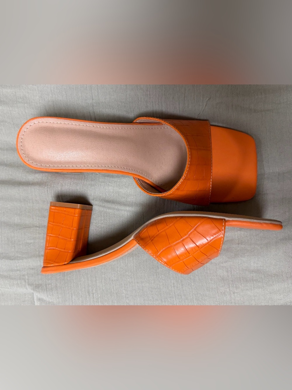 Orange Croc-Embossed Block Heel Slide Sandals - Women